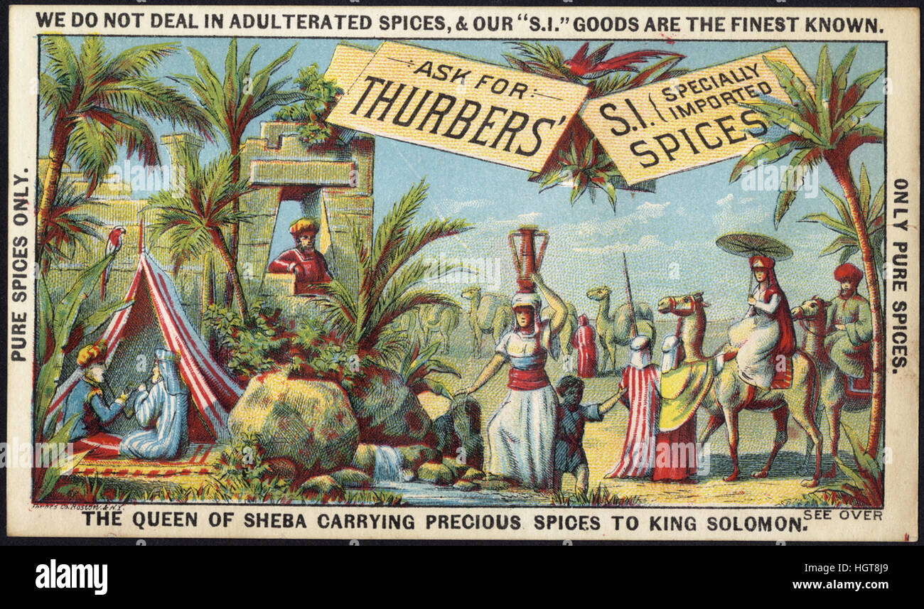 Ask for Thurbers' S. I. (specially imported) spices - the Queen of Sheba carrying precious spices to King Solomon [front]  - Food Trade Card Stock Photo