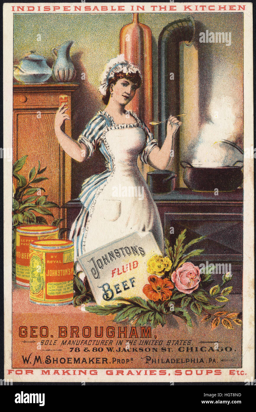 Johnston's Fluid Beef, indispensable in the kitchen for making gravies, soups, etc. [front]  - Food Trade Card Stock Photo