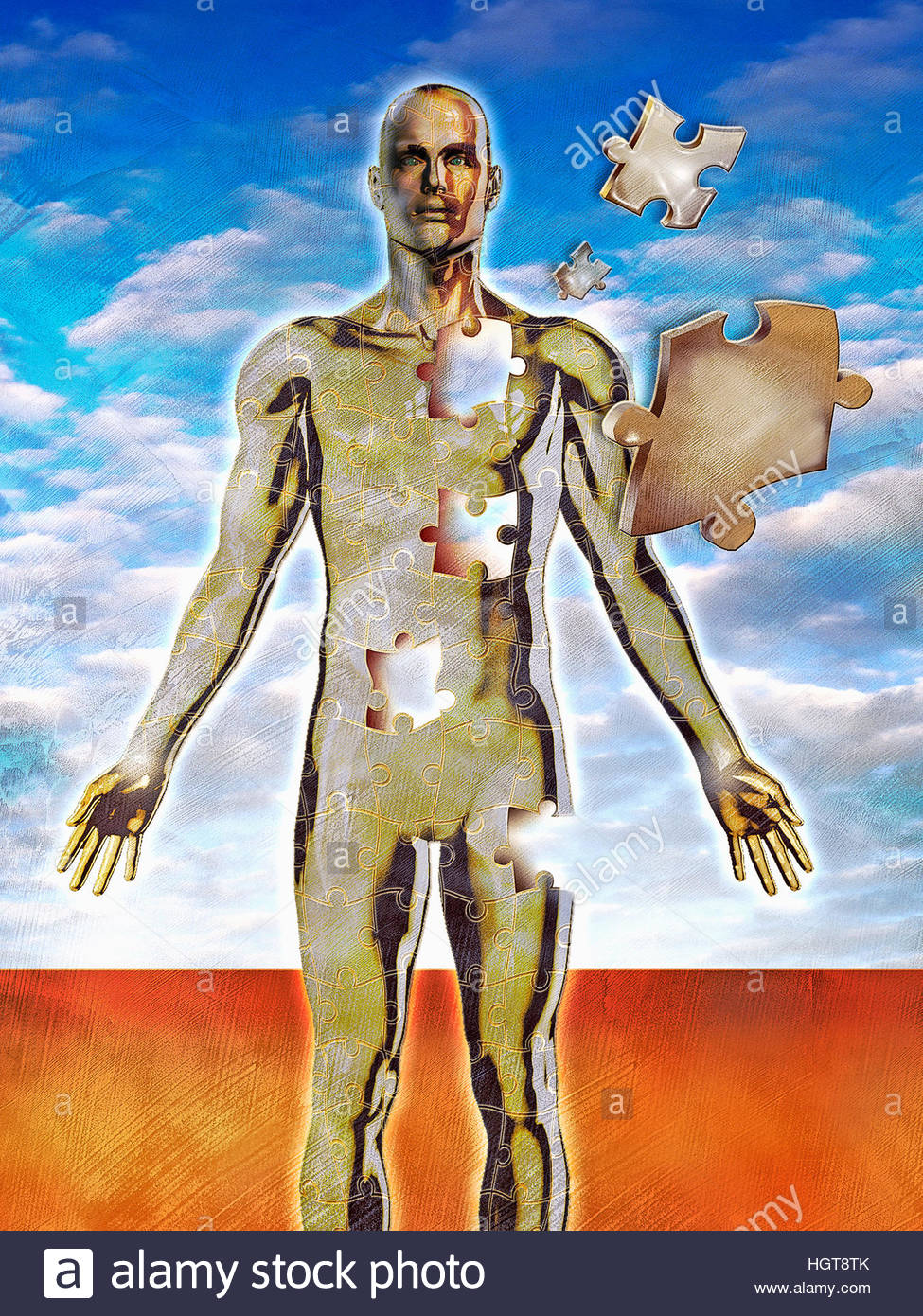 Jigsaw puzzle of male human body with missing pieces Stock Photo