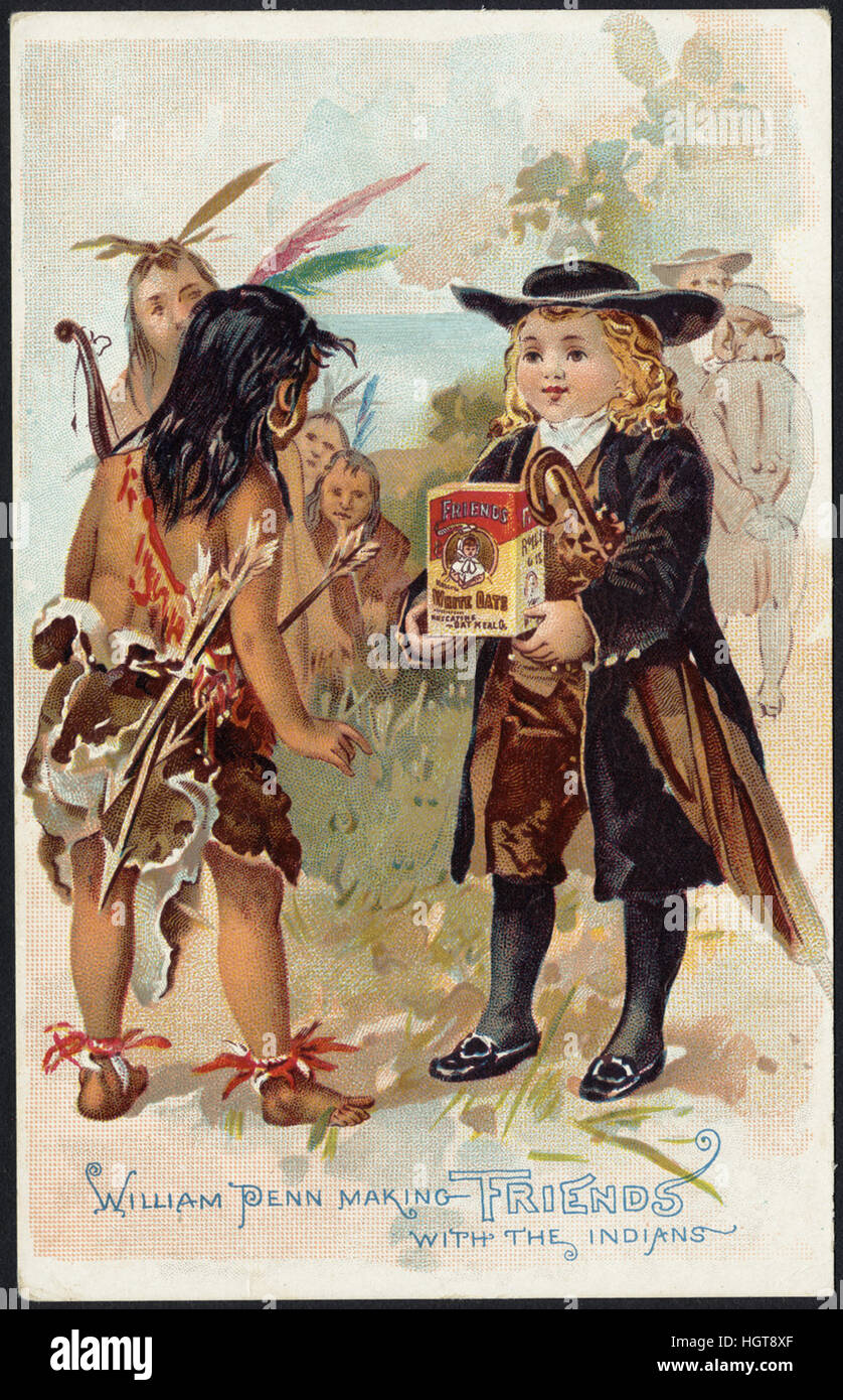 William Penn making Friends with the Indians - Friends' Rolled Oats are the best!  - Food Trade Card Stock Photo