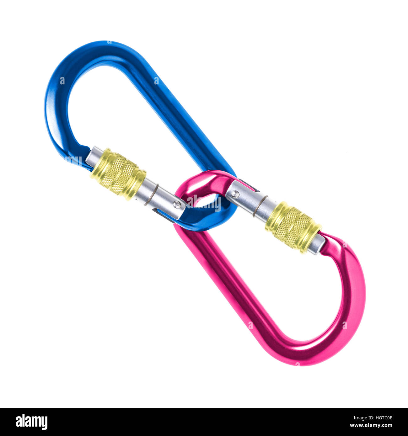 Blue and Pink Carabiners linked together on white background Stock Photo