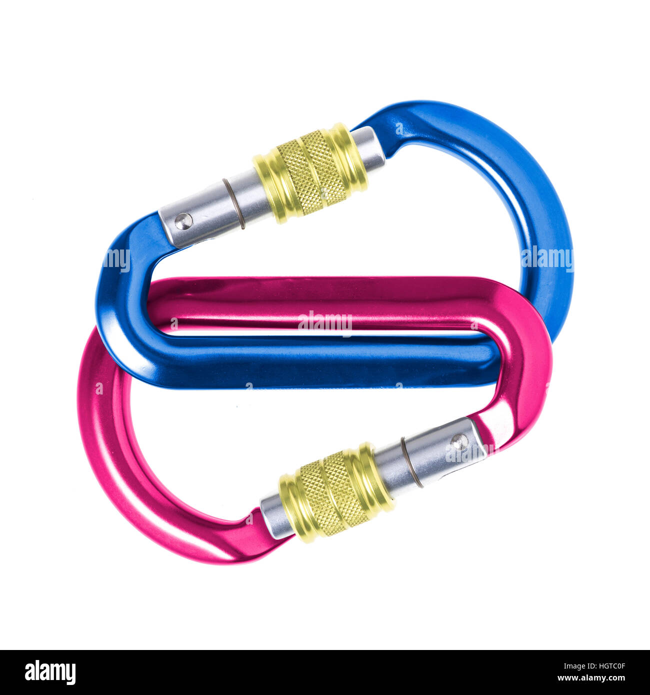 Blue and Pink Carabiners linked together on white background Stock Photo