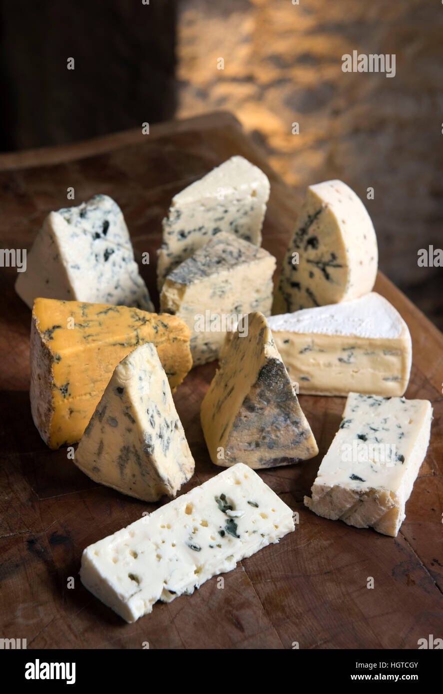 A selection of English and Continental Blue cheeses arranged on a