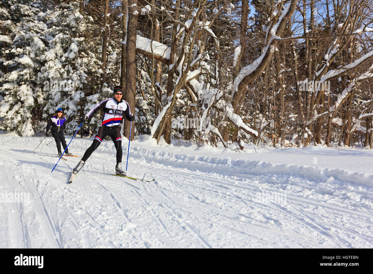A man and woman crosscountry skiing at the Notchview Reservation in