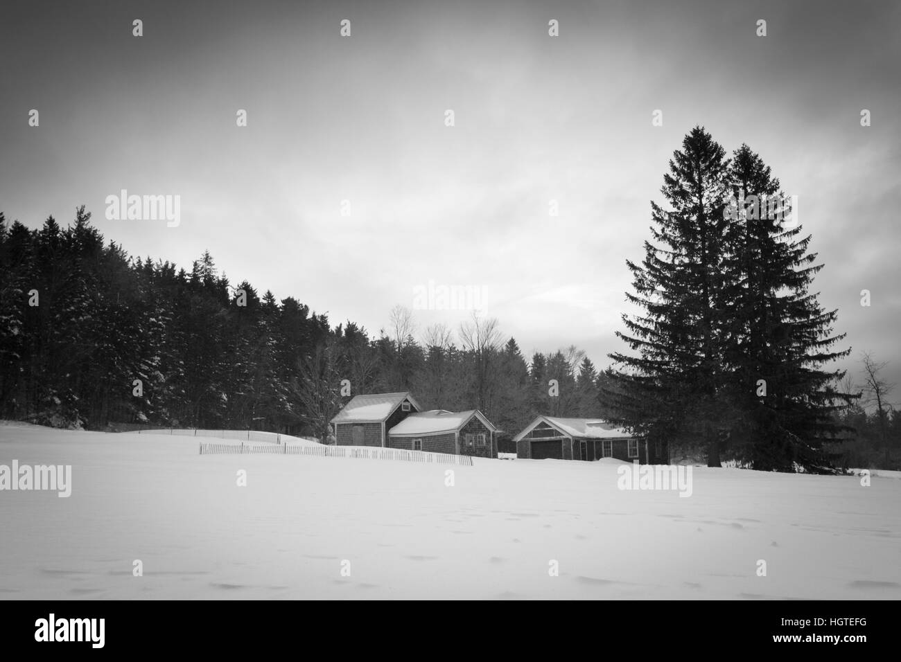 Old farm buildings at Notchview Reservation in Windsor, Massachusetts. Winter. The Trustees of Reservations. Stock Photo