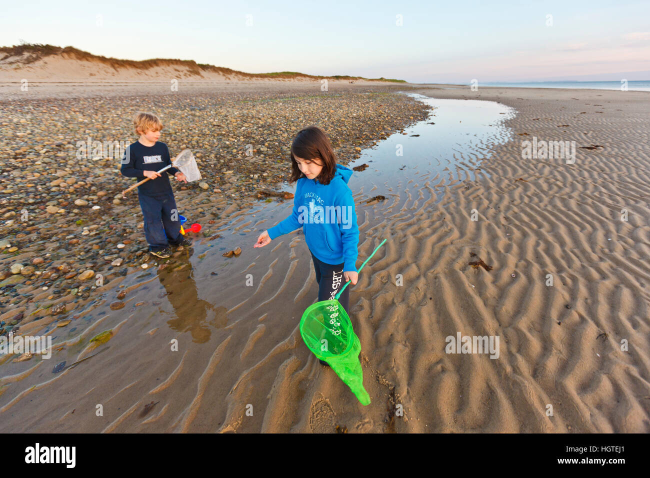 A young boy and girl hunt for crabs on Bound Brook Island, Cape Cod