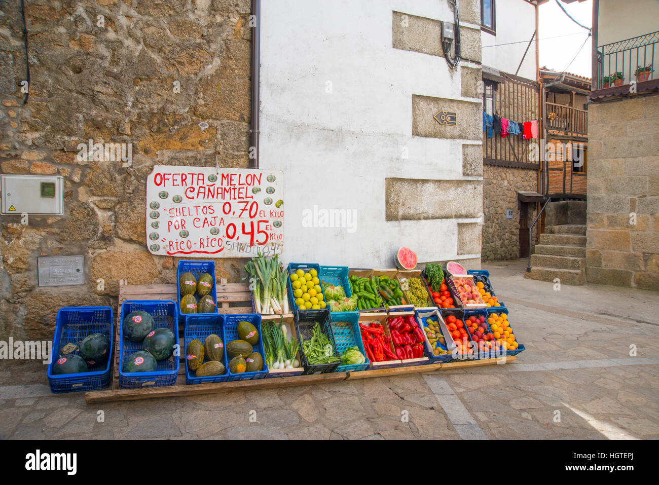 Fruit shop vendor stall in the street. Sequeros, Sierra de Francia Nature Reserve, Salamanca province, Castilla Leon, Spain. Stock Photo