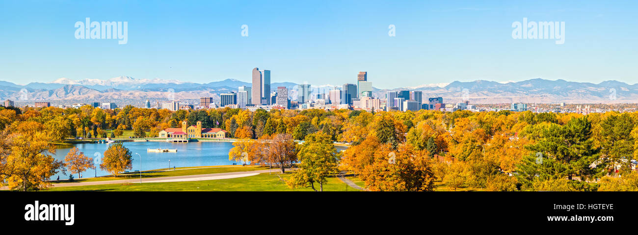 Skyline of Downtown Denver Colorado and the Rocky Mountains Stock Photo