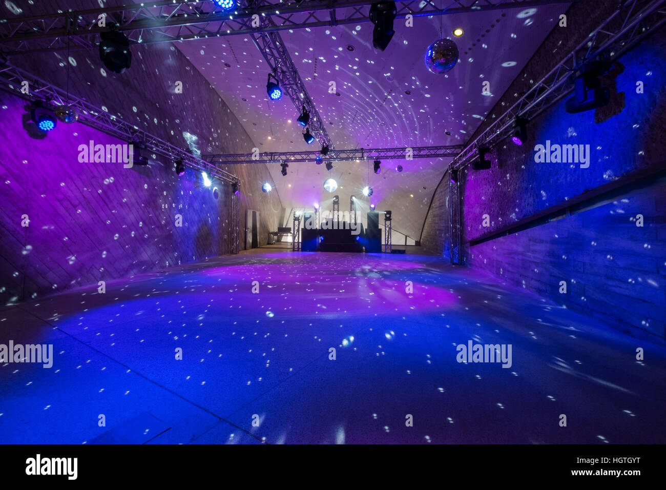 Empty disco dance floor with led lighting and mirror balls Stock Photo