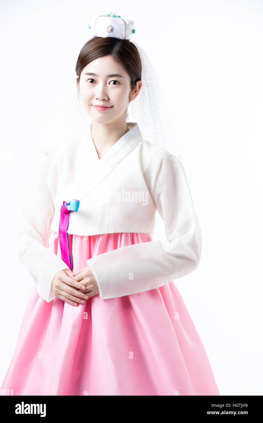 Young smiling bride in traditional Korean clothes Stock Photo Alamy