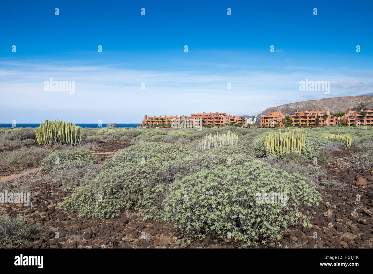 El Palm Mar urbanisation at the base of Guaza mountain next to the coast in Tenerife, Canary Islands, Spain Stock Photo