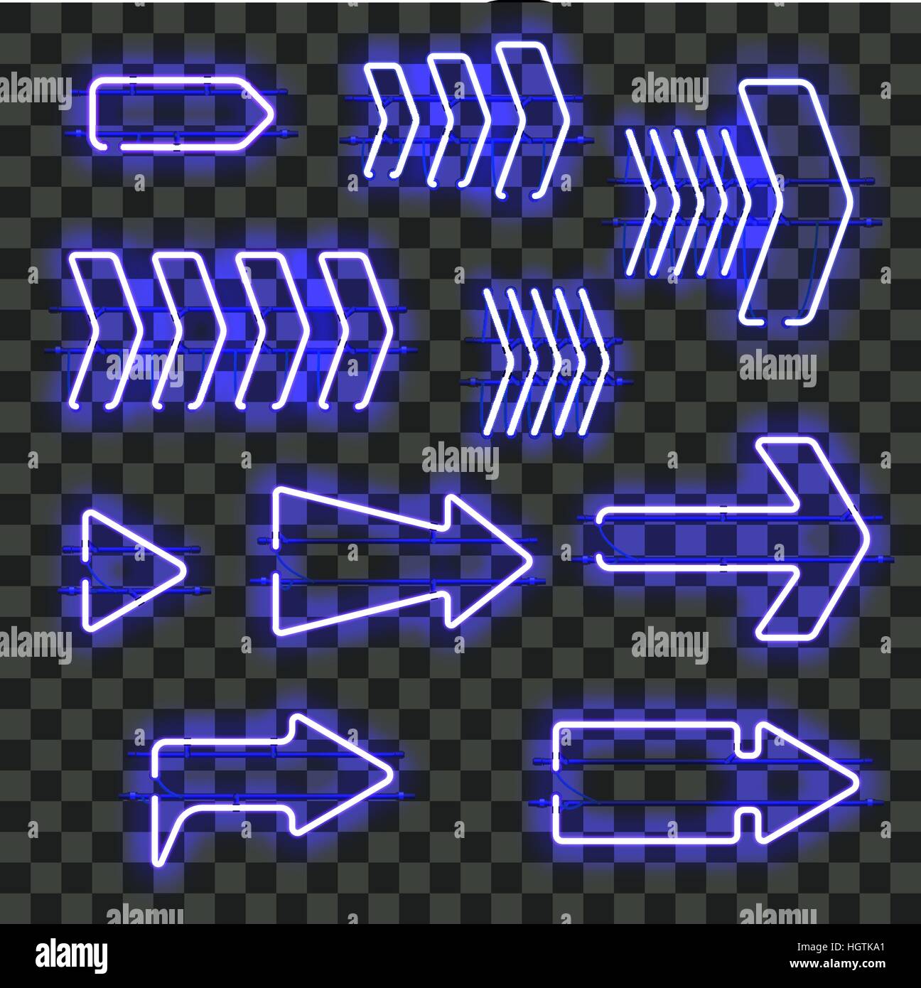 Set of glowing blue neon arrows isolated on transparent background ...