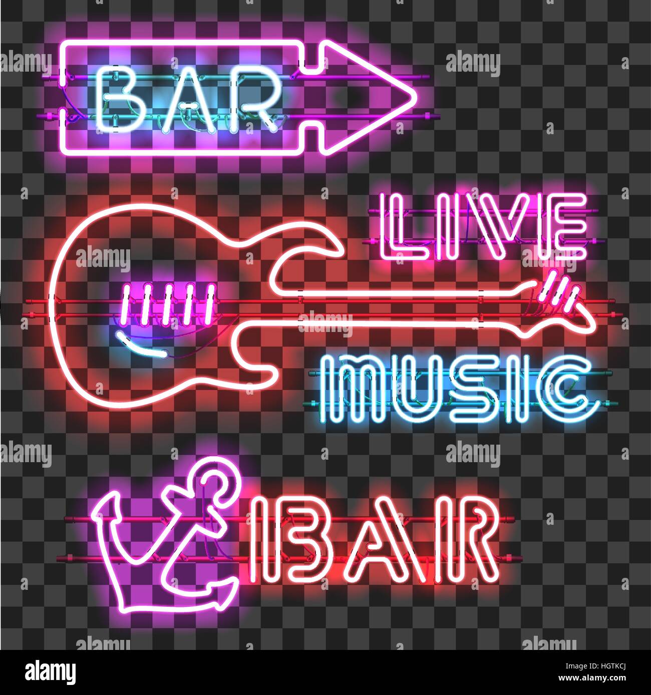 Set of glowing bar neon signs isolated on transparent background