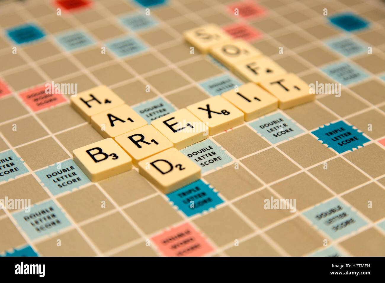 Scrabble letters spelling out Brexit letters, hard brexit, soft brexit. Stock Photo