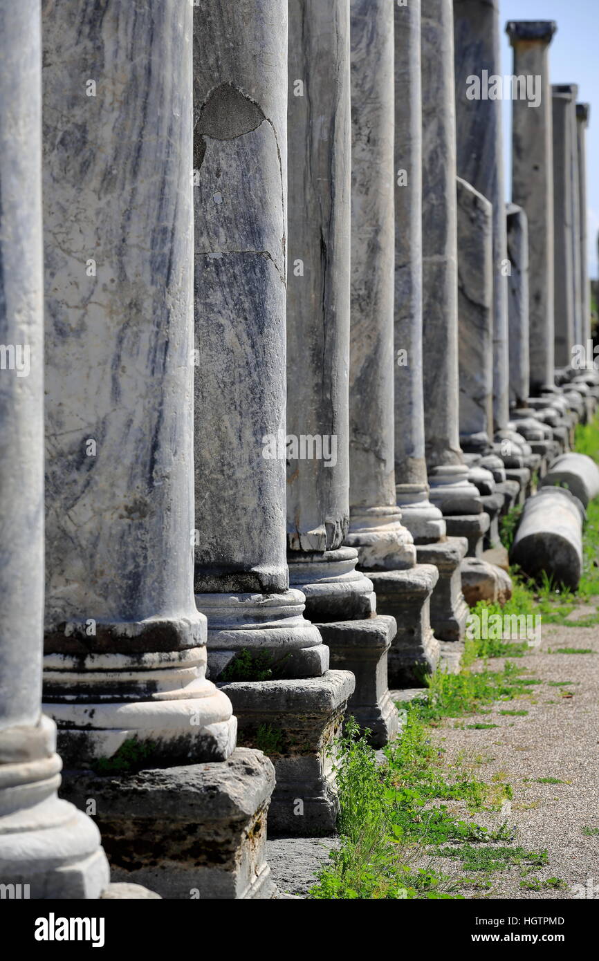 The agora of Perge-Perga is a 4th.century Ad.built square-shaped area of 65 ms.long on each side surrounded by colonnades where once shops selling Stock Photo