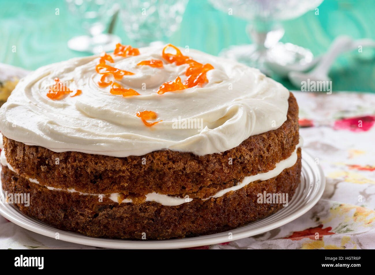 Mother's day carrot cake, homemade sweet layer cake with carrot,  walnuts and dried apricot Stock Photo