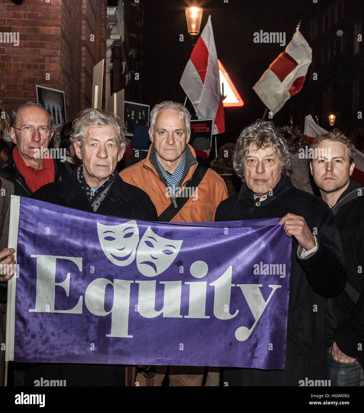 Equity members (L-R) Martin Sherman, Ian McKellen, Malcolm Sinclair, Tom Stoppard and Samuel West join Free Belarus Now protest outside Belarusian Embassy in London, UK Stock Photo