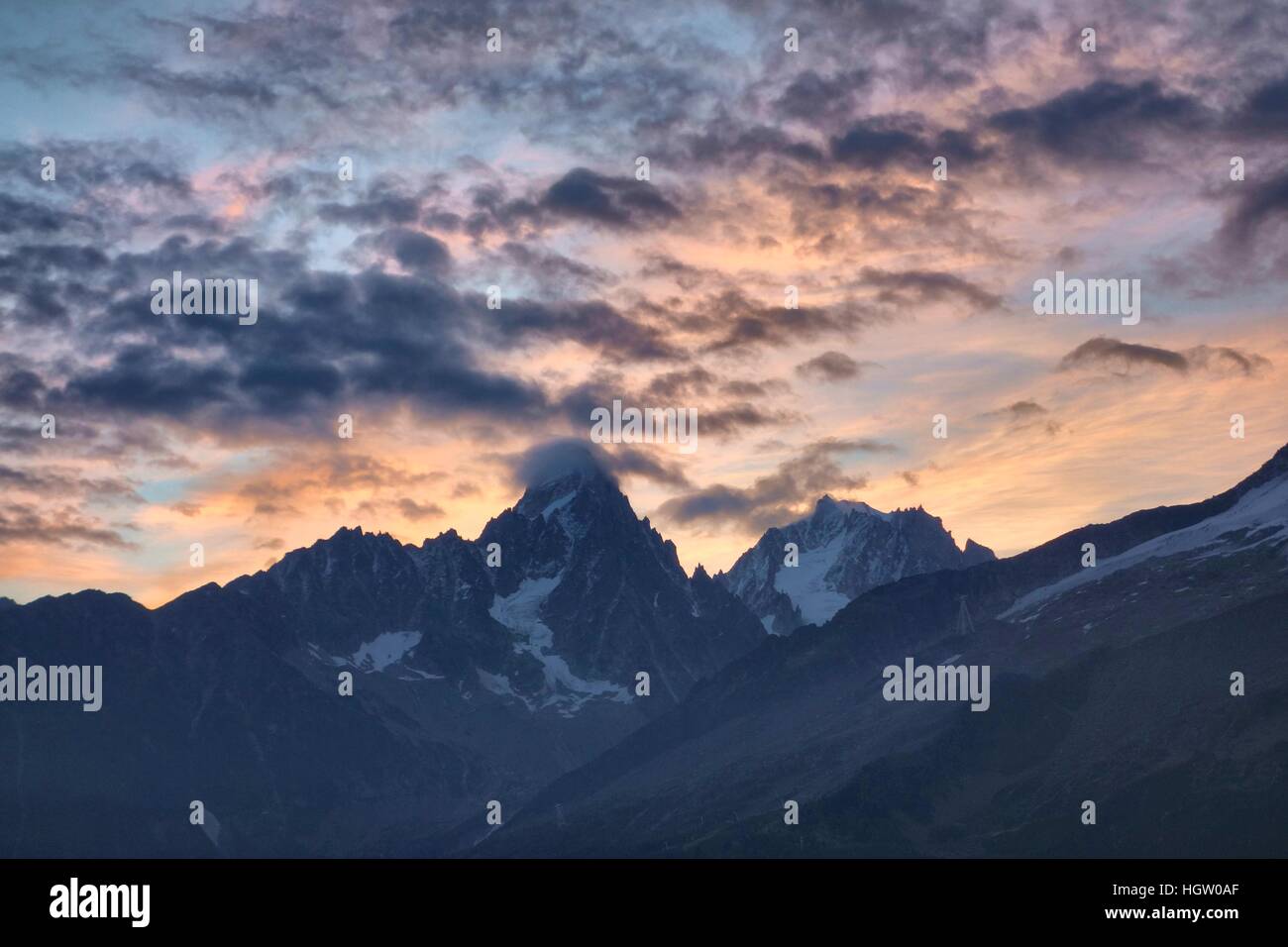 Sunset over the Mont Blanc massif, above Chamonix, France. Stock Photo
