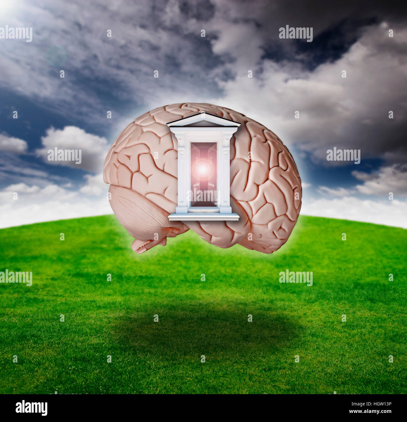 Digital Composite Of An Open Door On A Brain Model Stock Photo