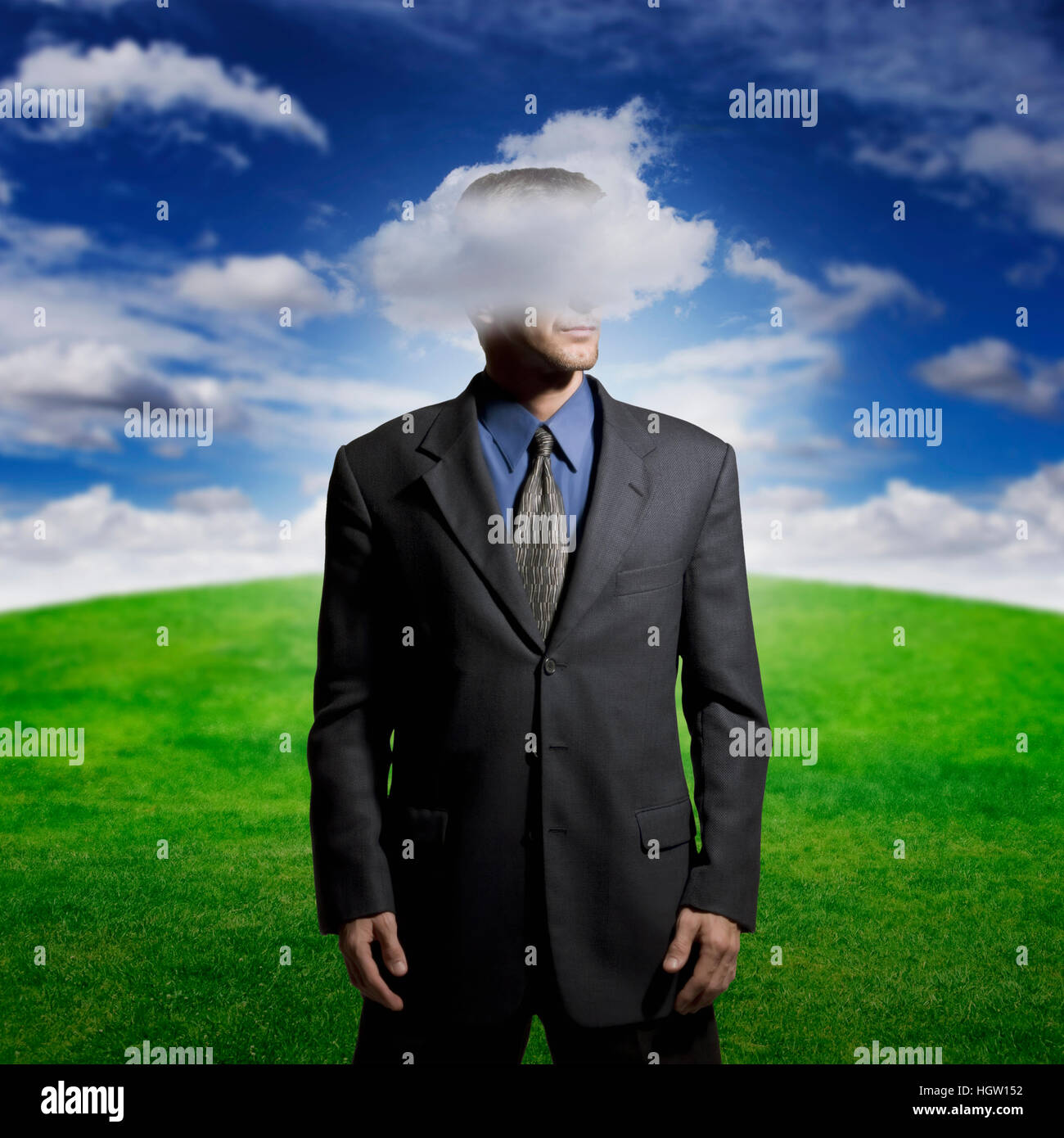 Digital Composite Of A Man With His Head In The Clouds Stock Photo