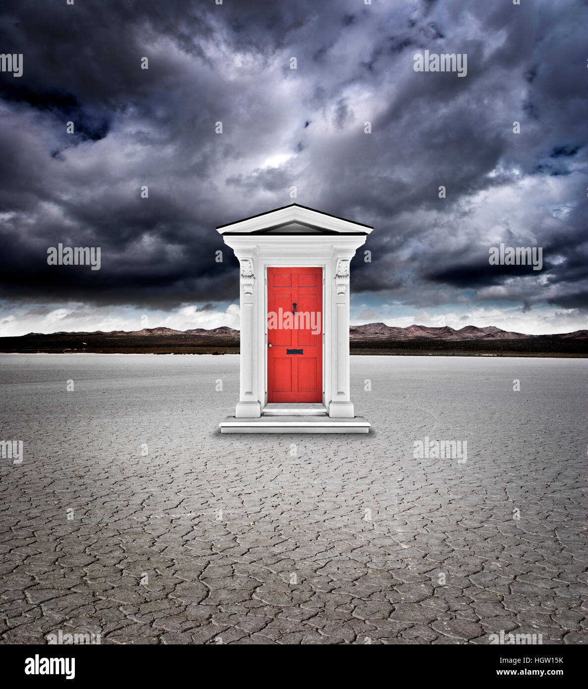 Digital Composite Of A Door In A Dry Lake Bed Under A Stormy Sky Stock Photo