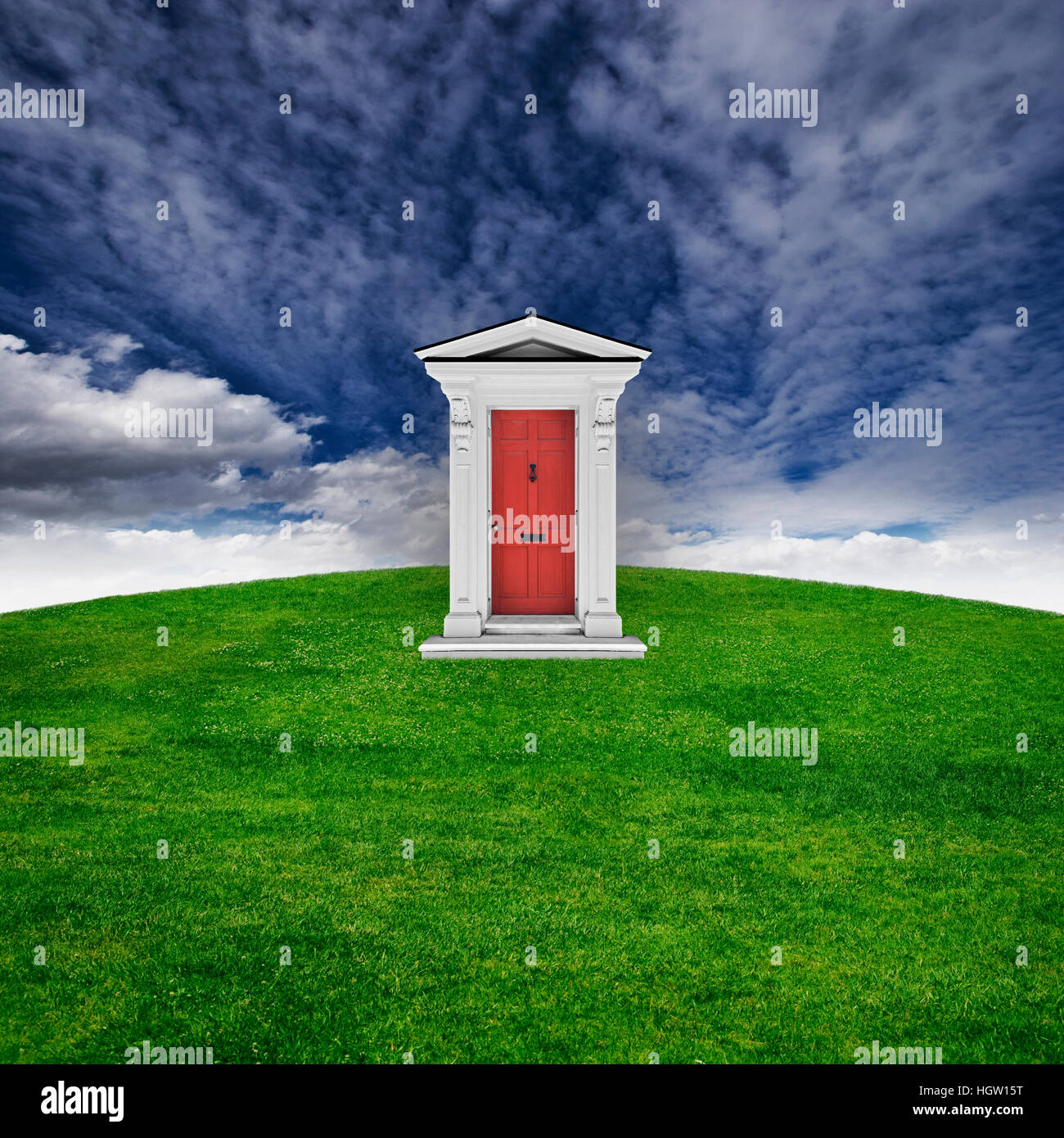 Digital Composite Of A Door On A Grassy Hill Stock Photo