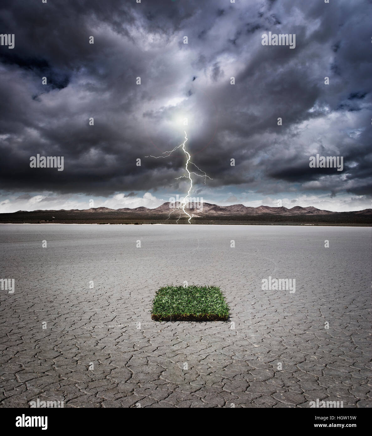 Patch Of Grass In A Dry Lake Bed With Storm Clouds And Lightning Stock Photo