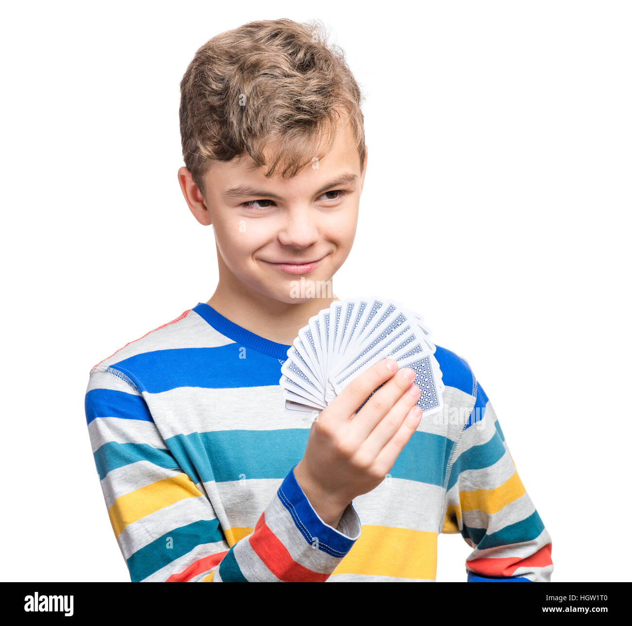 Teen boy with gamble cards Stock Photo