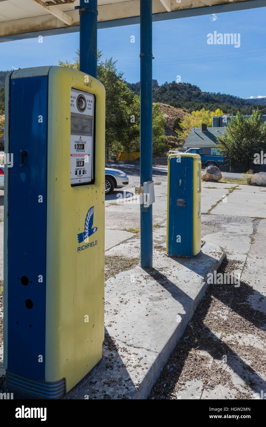 Old Richfield gas pumps no longer in service along highway US 50, known as the loneliest road in America, Nevada, USA Stock Photo