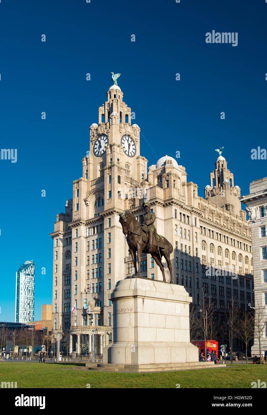 Edward VII statue, Liverpool waterfront at Albert Dock on clear sunny