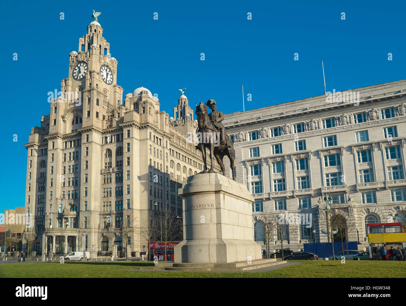 Edward VII statue, Liverpool waterfront at Albert Dock on clear sunny