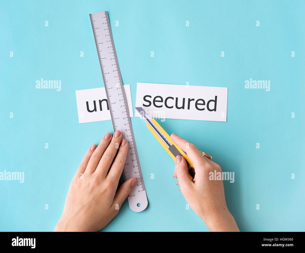 Unsecured Insecure Hand Cut Word Split Concept Stock Photo