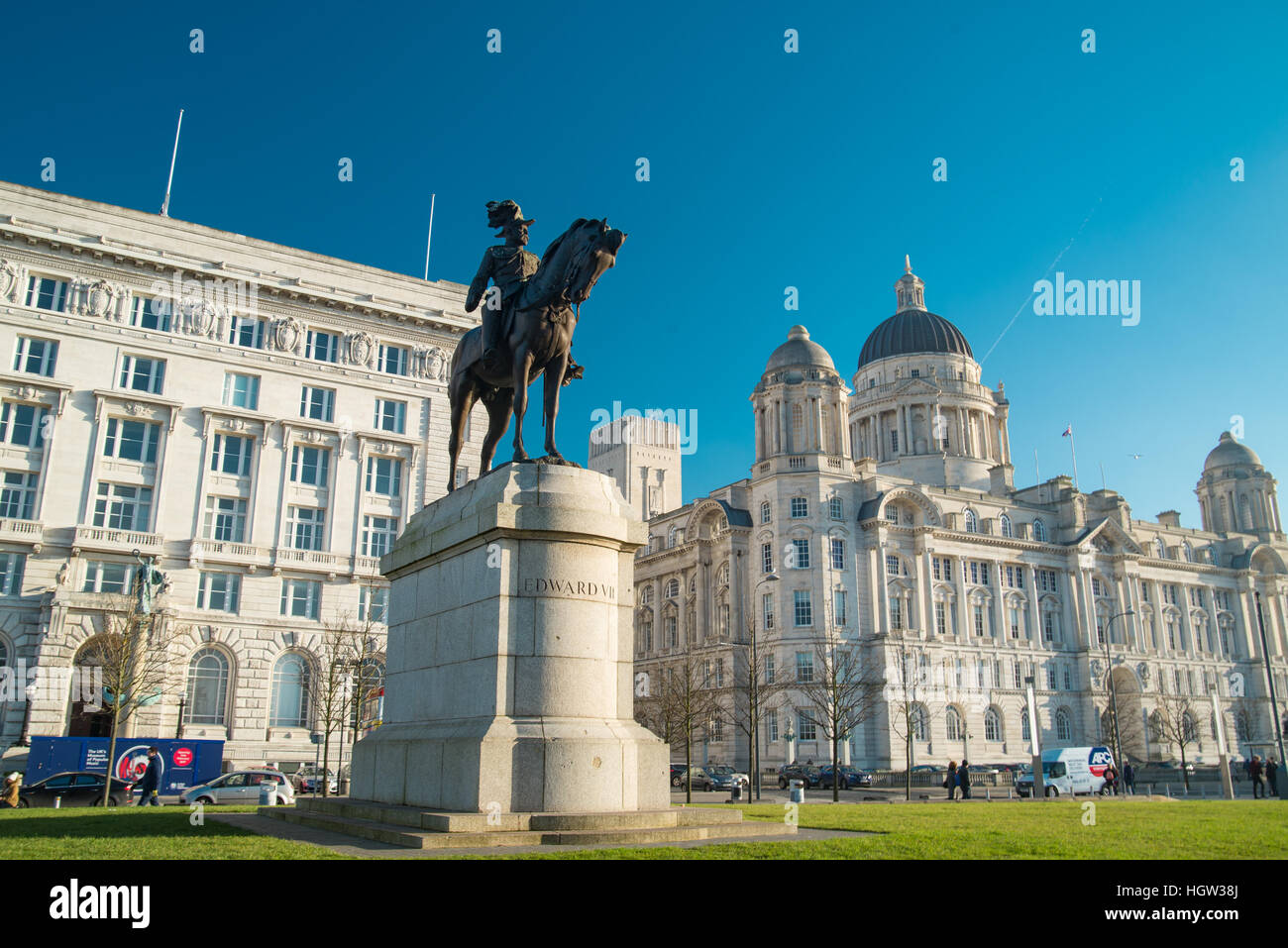 Edward VII statue, Liverpool waterfront at Albert Dock on clear sunny