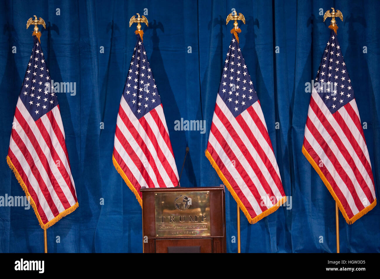 Podium And Us Flags At The Trump International Hotel In Las Vegas, Where Donald Trump Would Endorse Presidential Candidate Mitt Romney For President, February 2, 2012 Stock Photo