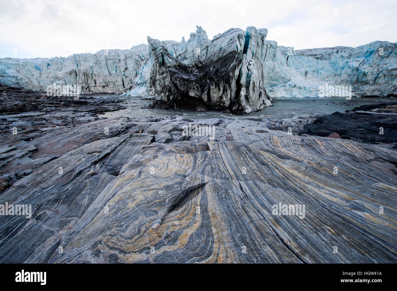 Striations carved into the bedrock by ice erosion as a glacier receded. Stock Photo