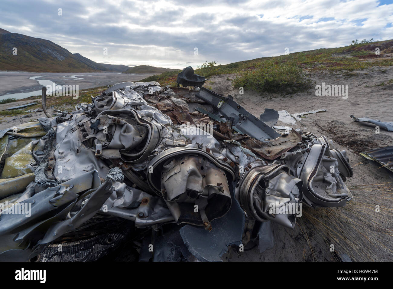The wreckage of a plane crash on the tundra. Stock Photo