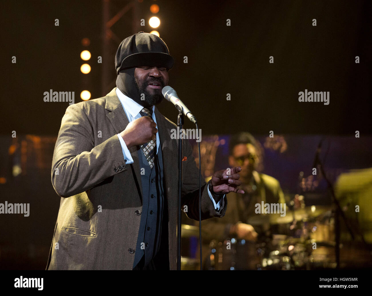 Gregory Porter performs during filming of the Graham Norton Show at The London Studios, south London, to be aired on BBC One on Friday. PRESS ASSOCIATION. Picture date: Thursday January 12, 2017. Photo credit should read: PA Images on behalf of So TV. Stock Photo