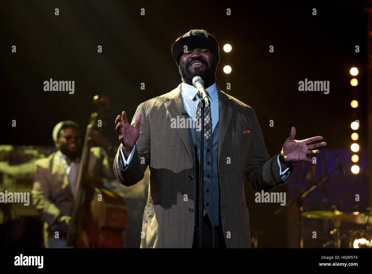 Gregory Porter performs during filming of the Graham Norton Show at The London Studios, south London, to be aired on BBC One on Friday. PRESS ASSOCIATION. Picture date: Thursday January 12, 2017. Photo credit should read: PA Images on behalf of So TV. Stock Photo