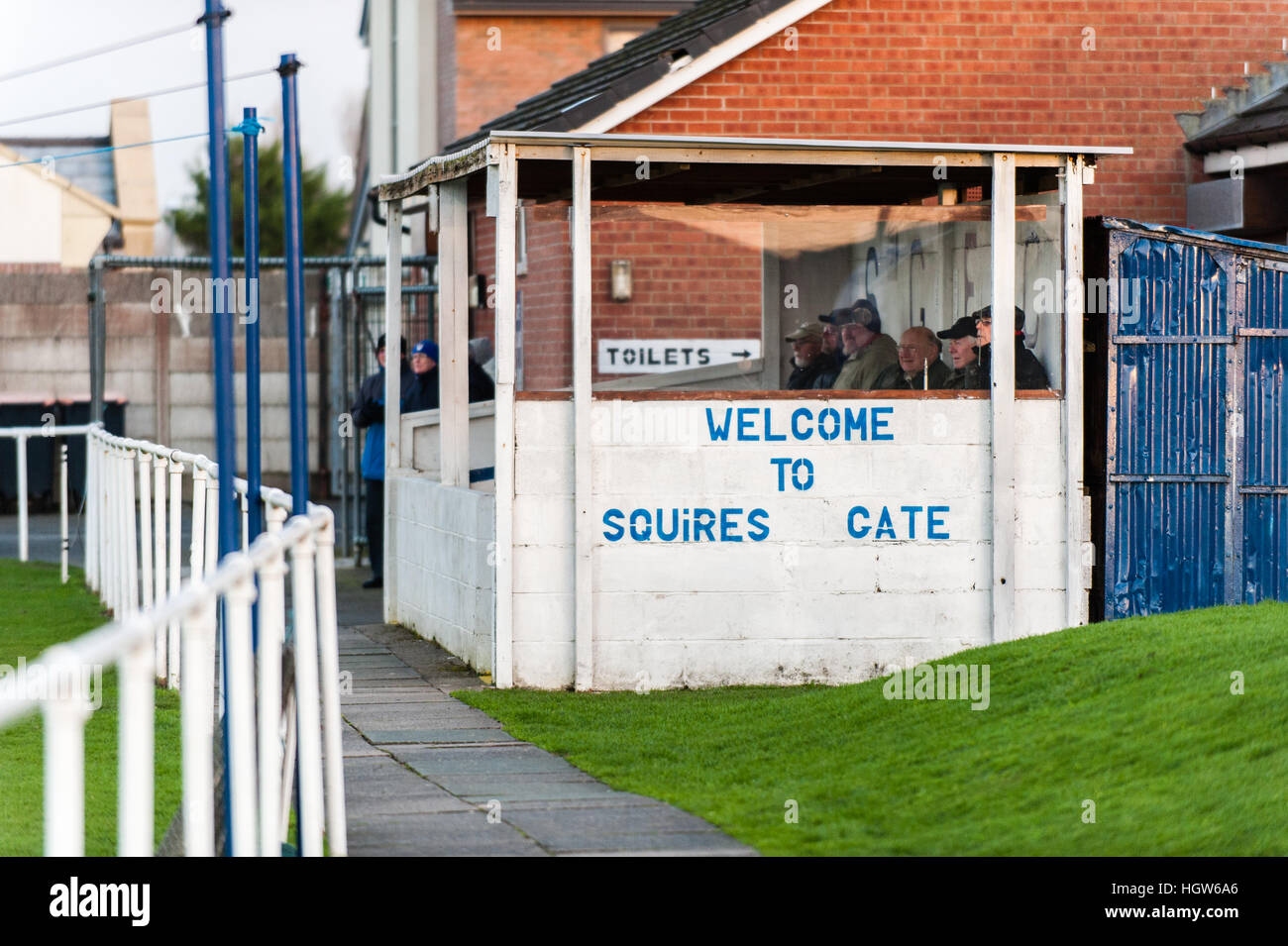 Small spectator stand at Squires Gate FC, of the North West Counties League Premier division, Squires Gate, Blackpool, UK. Stock Photo