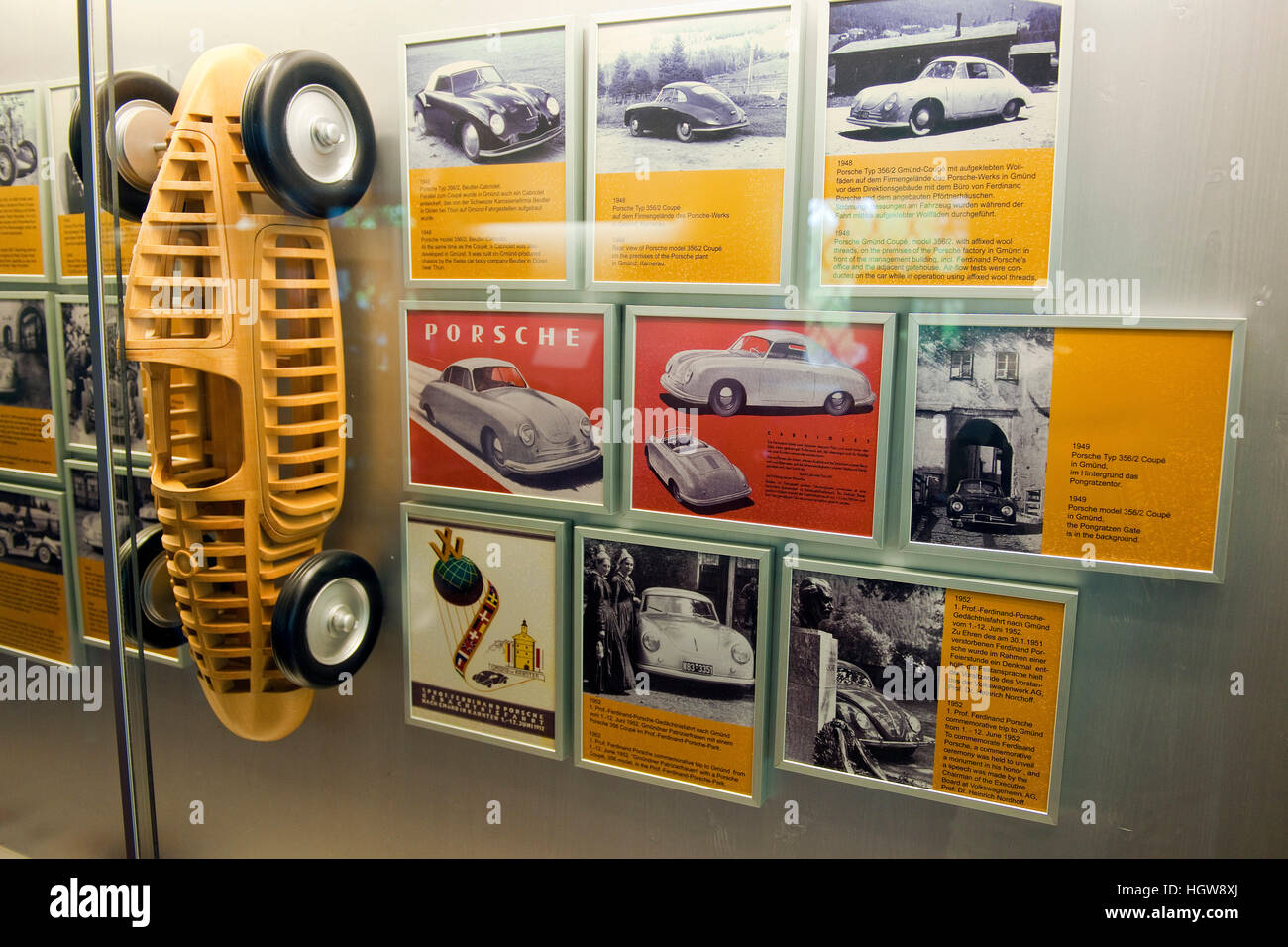 showcase, Porsche poster, wooden model, Porsche Automuseum Pfeifhofer, Gmuend, Kaernten, Austria, Europe, Gmünd Stock Photo