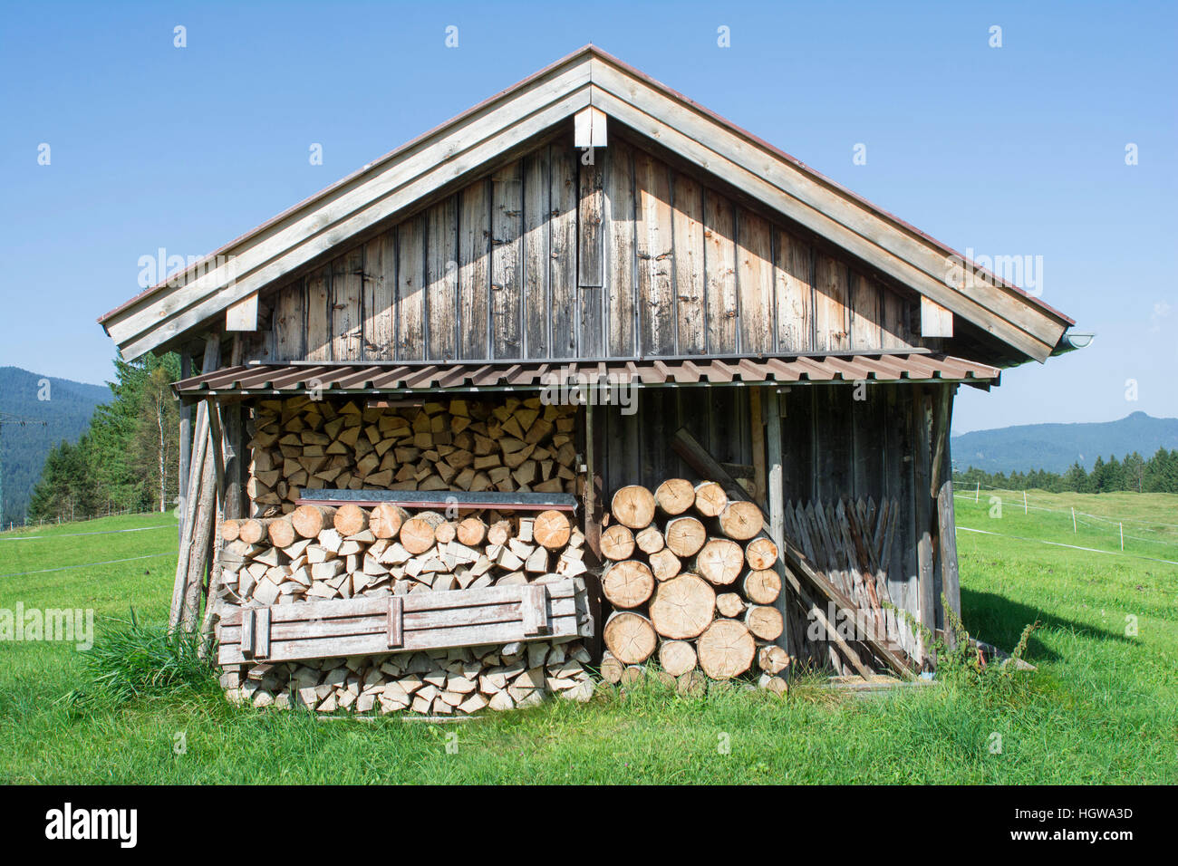 wooden barn, Werdenfelser Land, Alps, Upper Bavaria, Garmisch-Partenkirchen, Karwendel mountains, Mittenwald, Hillsize Meadows, Germany Stock Photo