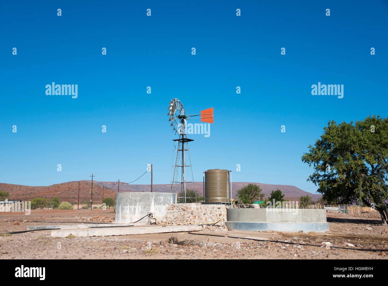 Wind wheel, water supply, C43, in the south of Palmwag, Damaraland, Namibia Stock Photo