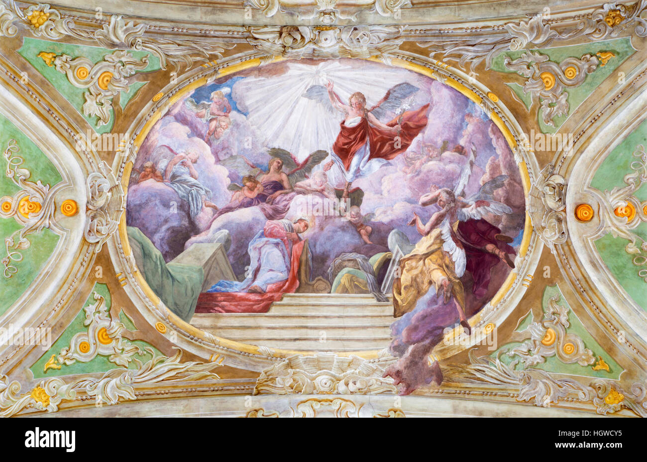 VIENNA, AUSTRIA - DECEMBER 19, 2016: The ceiling fresco of The Annunciation in church Mariahilfer Kirche Stock Photo