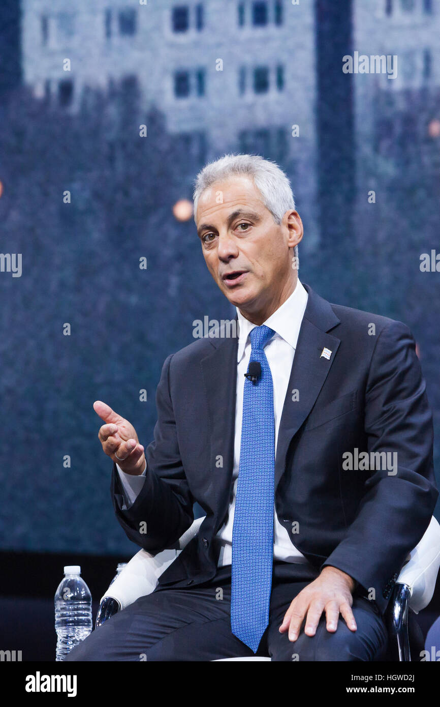 Detroit, Michigan - Chicago Mayor Rahm Emanuel speaks during a big city mayors forum during the North American International Auto Show. Stock Photo