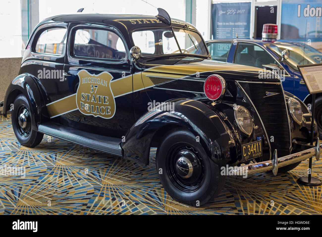 Detroit, Michigan - A 1937 Ford Model 74 Michigan State Police car on display at the North American International Auto Show. Stock Photo