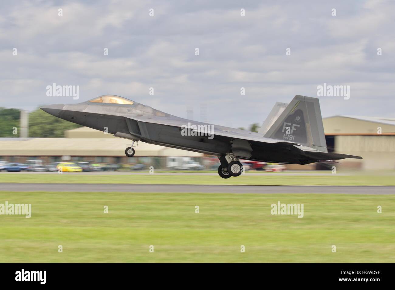 F22 Raptor taking off at the Royal International Air Tattoo. Stock Photo