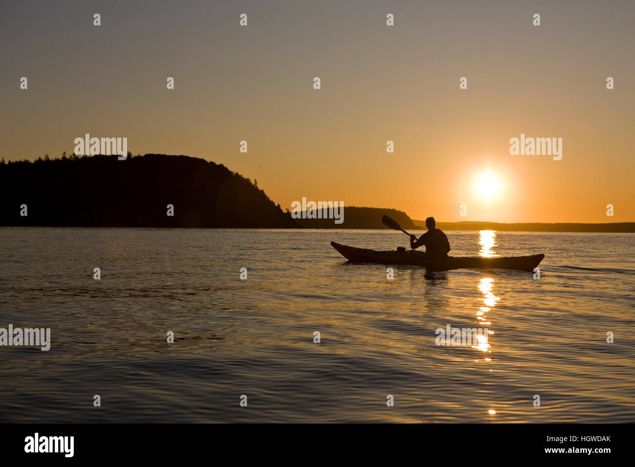 A man sea kayaking near Sheep Porcupine Island in Maine's Acadia