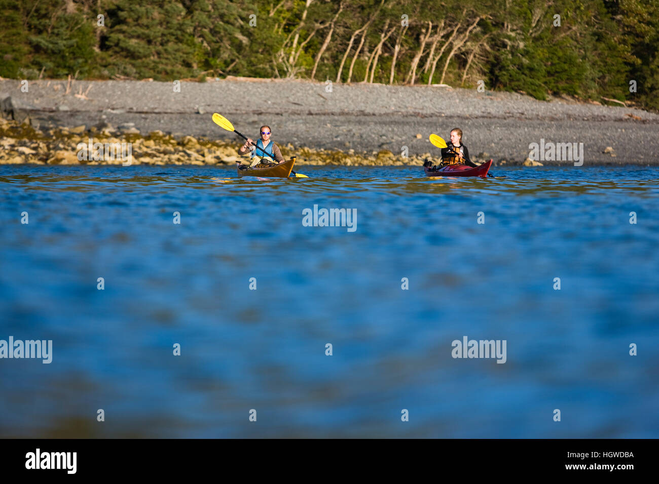 A man and woman sea kayaking near Burnt Porcupine Island in Maine's