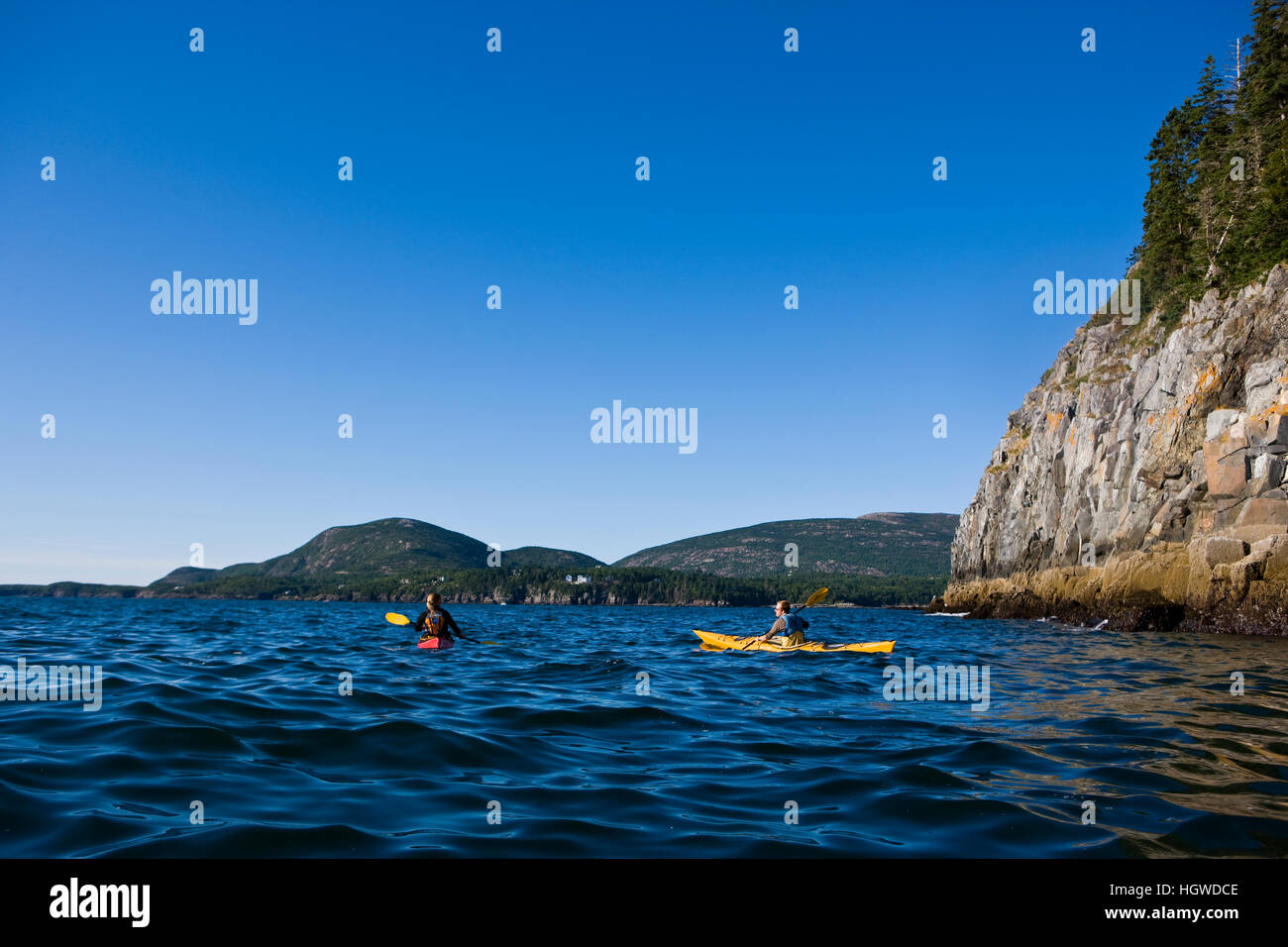 A man and woman sea kayaking near Bald Porcupine Island in Maine's