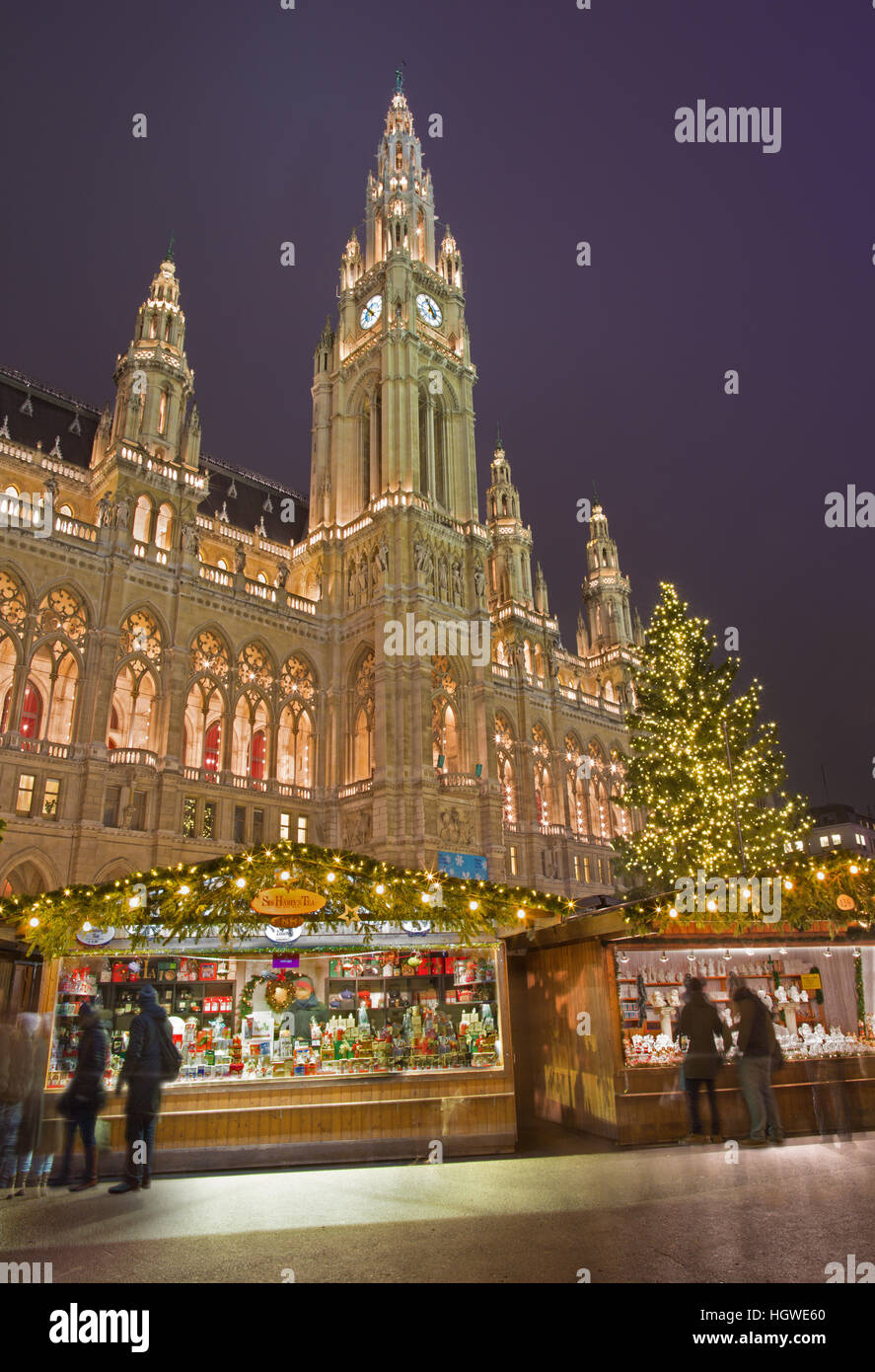 VIENNA, AUSTRIA - DECEMBER 19, 2014: The town-hall or Rathaus and christmas market on the Rathausplatz square. Stock Photo